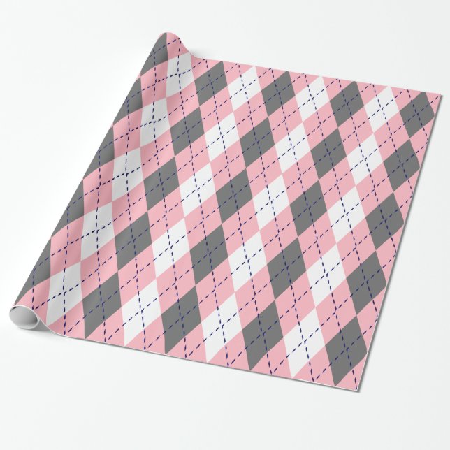 Papel De Presente Argyle XL Rosa Azul Marinho Branco (Desenrolado)