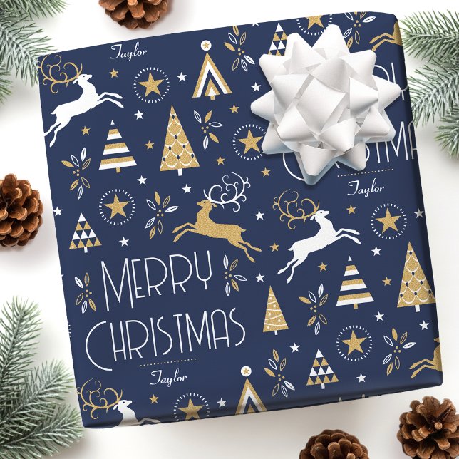 Papel De Presente Art Deco Christmas Reindet Nome personalizado Azul (Criador carregado)