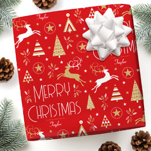 Papel De Presente Art Deco Christmas Reindet Nome Personalizado Verm