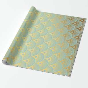 Papel De Presente Art Deco Conchas Geométricas Ouro Mint Green