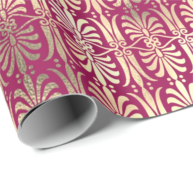 Papel De Presente Art Deco Dourado Champaigne Pink Peony Raspberry (Ponta do rolo)