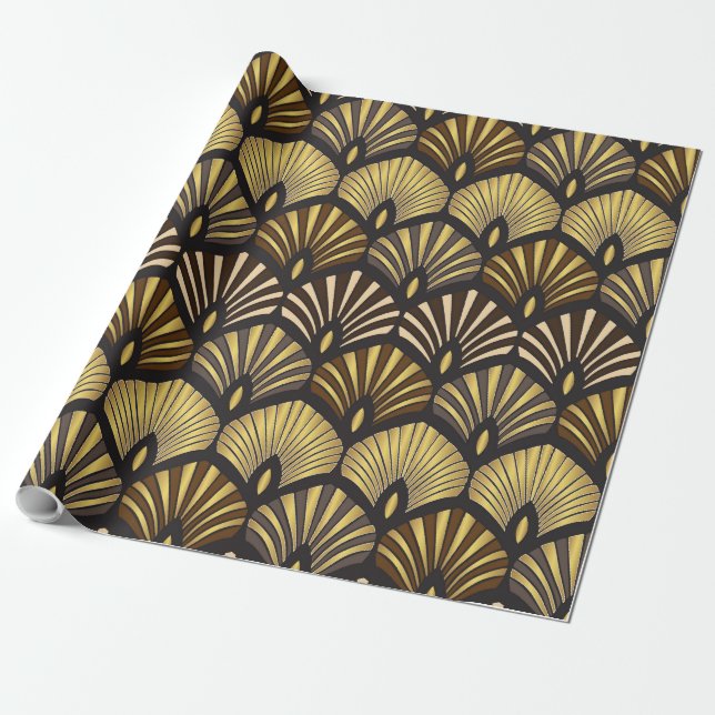 Papel De Presente Art Deco Dourado Padrão de Ventilador Preto (Desenrolado)