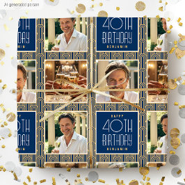 Papel De Presente Art Deco Foto Personalizada de Idade Aniversário A