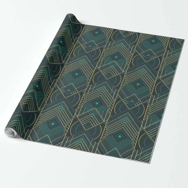 Papel De Presente Art Deco Geométrico Elevado - Turquesa Azul (Desenrolado)