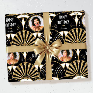 Papel De Presente Art Deco Happy Birthday Foto Elegante Dourada