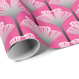 Papel De Presente Art Deco Lily, Fuchsia Pink e Cinzas Prateadas