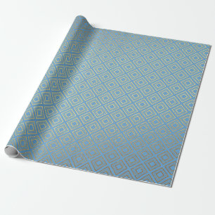 Papel De Presente Art Deco Ouro Quadrados Azul Vip Geométrico