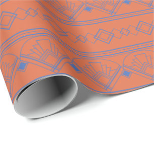 Papel De Presente Art Deco Pattern 08 - Azul Prussiano em Laranja