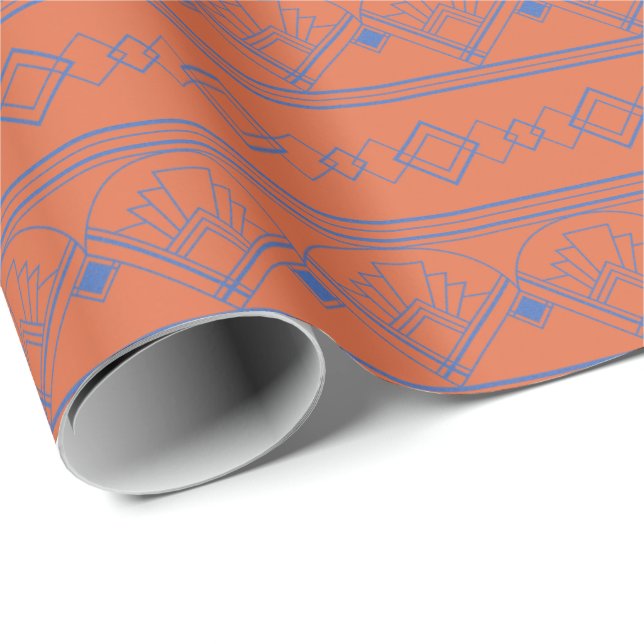 Papel De Presente Art Deco Pattern 08 - Azul Prussiano em Laranja (Ponta do rolo)