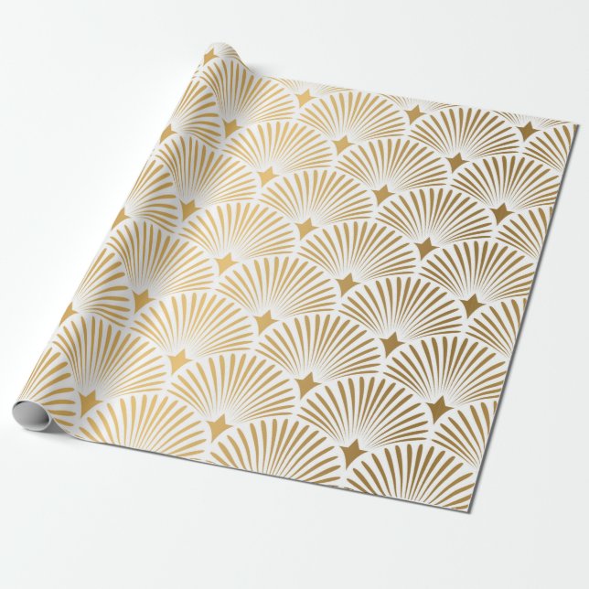 Papel De Presente Art Deco Pattern. Serralheiro branco e dourado (Desenrolado)