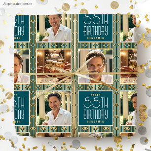 Papel De Presente Art Deco Personalizado Aniversário Foto Azul Turqu