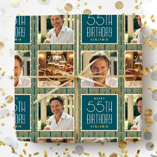 Papel De Presente Art Deco Personalizado Aniversário Foto Azul Turqu