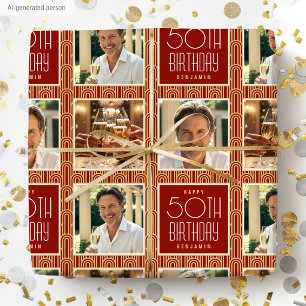 Papel De Presente Art Deco Personalizado Idade Foto Aniversário Verm