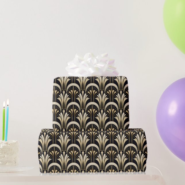 Papel De Presente Art Deco preto e dourado simétrico (Presentes para festas)