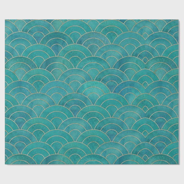 Papel De Presente Art Deco Tecido de Decodificação Teal e Dourada (Aberto)