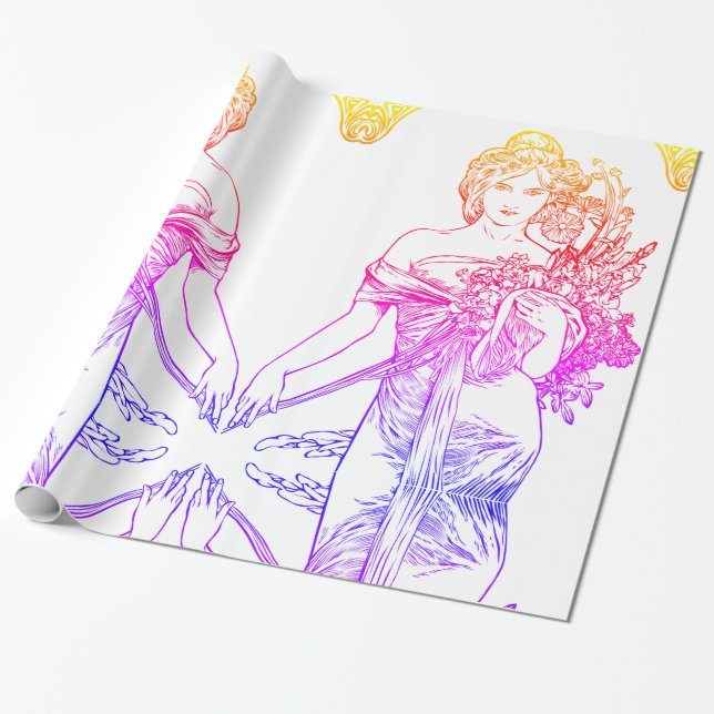 Papel De Presente Art nouveau Alphonse Mucha mulher com flores (Desenrolado)