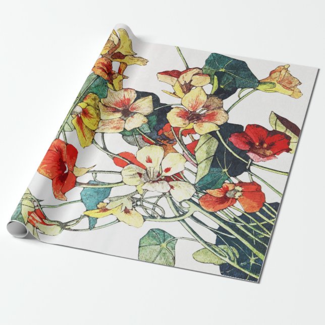 Papel De Presente Art Nouveau Garden Nasturtium Flowers (Desenrolado)