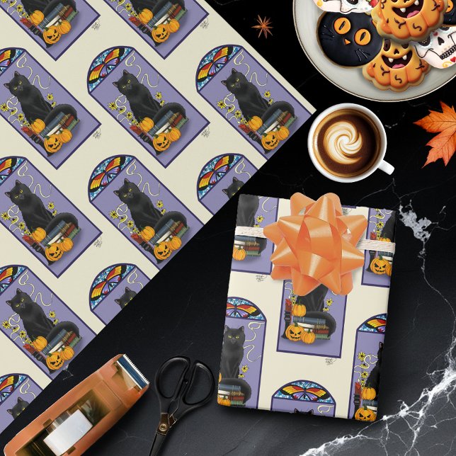 Papel De Presente Art Nouveau Gato Preto Abóbora Roxo Outono Amarelo (Criador carregado)
