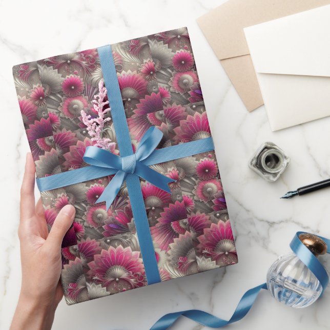 Papel De Presente Art Nouveau Ventiladores rosa e prateados (Presentear)