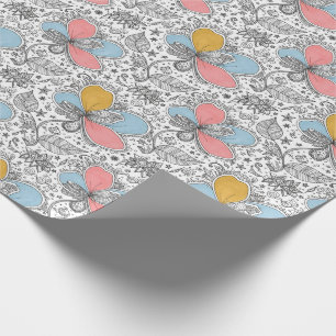Papel De Presente Arte abstrata floral estilo doodle rosa azul amare