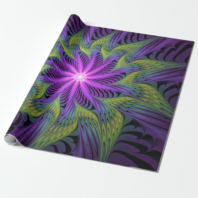 Papel De Presente Arte abstrata fractal moderna flor roxa verde (Desenrolado)