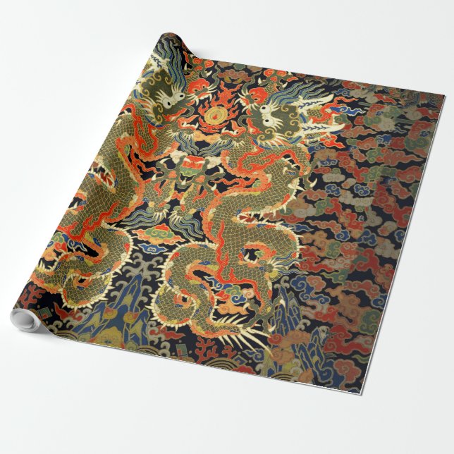 Papel De Presente Arte Asiática de Impressão Têxtil de Dragão Chinês (Desenrolado)