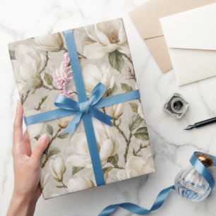 Papel De Presente Arte Botânica Magnólia Cremosa de Luxo