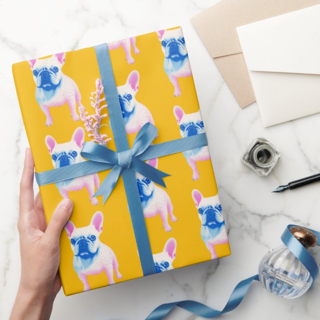 Papel De Presente Arte com Buldogue Francês Amarelo Azul e Rosa (Presentear)