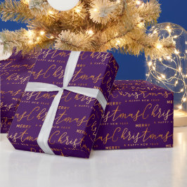 Papel De Presente Arte com Palavras Feliz Natal em Dourado e Roxo