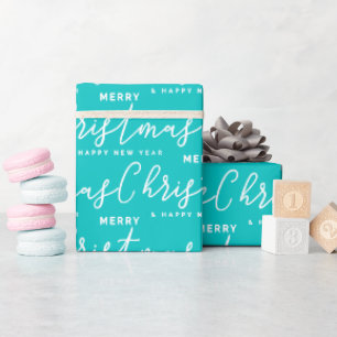 Papel De Presente Arte com Palavras Natal Feliz Turquesa e Branco