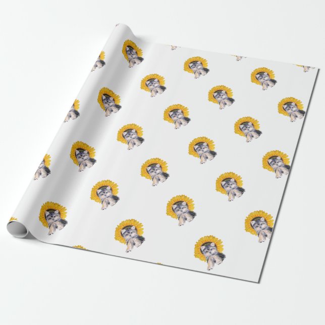 Papel De Presente Arte de cachorro Yorkshire fofo e girassol (Desenrolado)