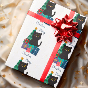 Papel De Presente Arte de Café de Gato Preto Fofo de Natal Festivo