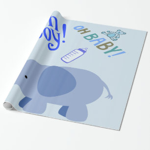 Papel De Presente Arte de Chá de Bebê do Menino Elefante Azul Oh Boy