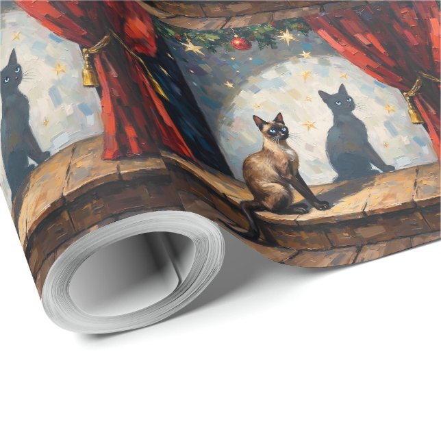 Papel De Presente Arte de Fantoche de Natal com Gato Siames (Ponta do rolo)