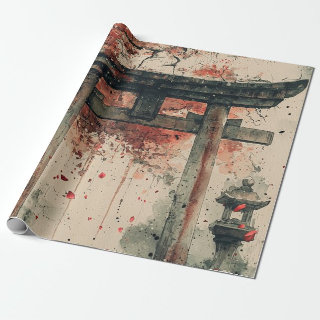 Papel De Presente Arte de Lavagem de Tinta Sakura Torii (Desenrolado)