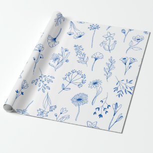 Papel De Presente Arte de Linha Azul Jardim Misto Esboço Flores