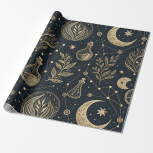 Papel De Presente Arte de Linha Dourada Celestial - Fases da Lua e P