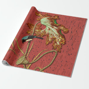 Papel De Presente Arte de Lótus de Pássaro Japonês Vermelho Antigo G