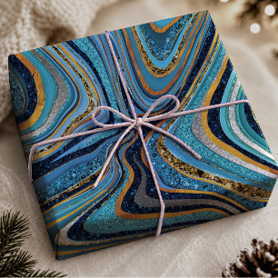 Papel De Presente Arte de Mármore Azul Dourado Chic Brilhante