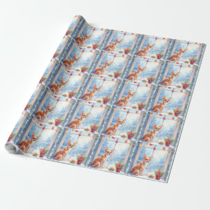Papel De Presente Arte de Natal com Chihuahua na Janela Nevada