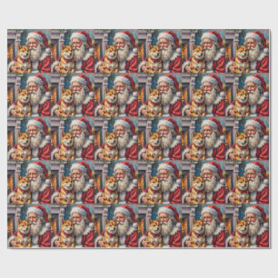 Papel De Presente Arte de Natal do Papai Noel segurando um Shiba Inu