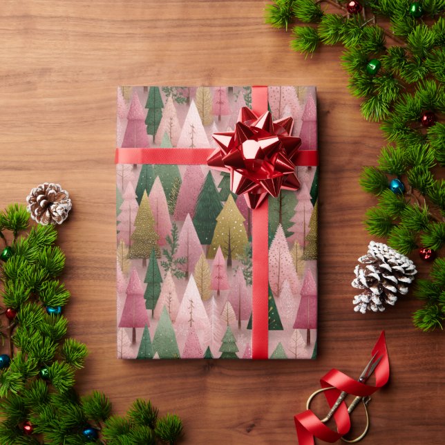Papel De Presente Arte de Natal Rosa com Ramos Dourados (Presente de Natal)