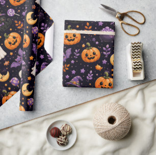 Papel De Presente Arte de padrão de gato fantasma abóbora Halloween