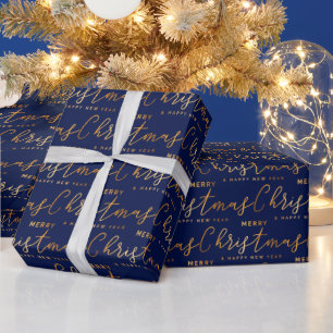 Papel De Presente Arte de palavra Natal alegre em Dourado e Azul Mar