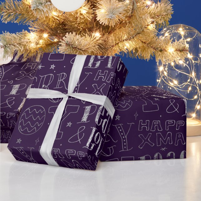 Papel De Presente Arte de Palavras de Natal em Folha de Prata e Roxo (Feriados)