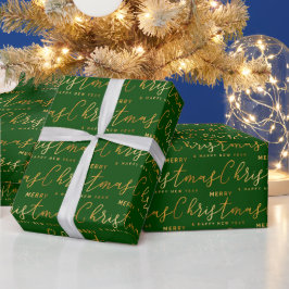 Papel De Presente Arte de Palavras Natal Feliz em Dourado e Verde