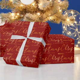 Papel De Presente Arte de Palavras Natal Feliz em Dourado e Vermelho