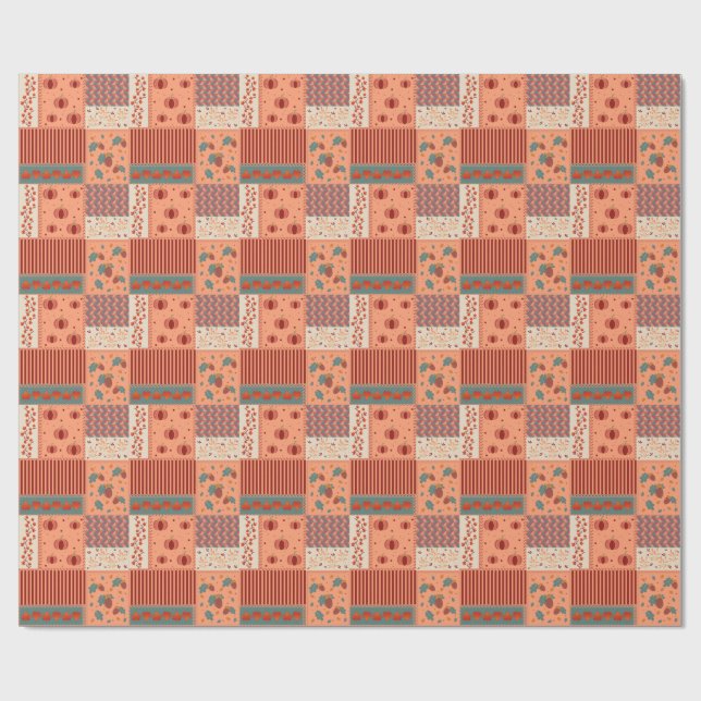 Papel De Presente Arte de Patchwork de Folha de Outono e Bolota (Aberto)
