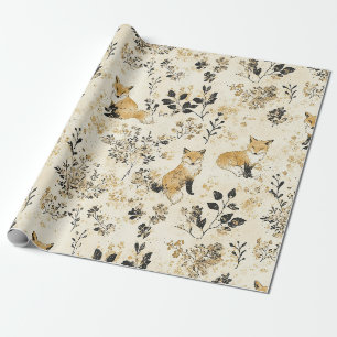 Papel De Presente Arte de Raposa Botânica Preta e Dourada de Luxo (3