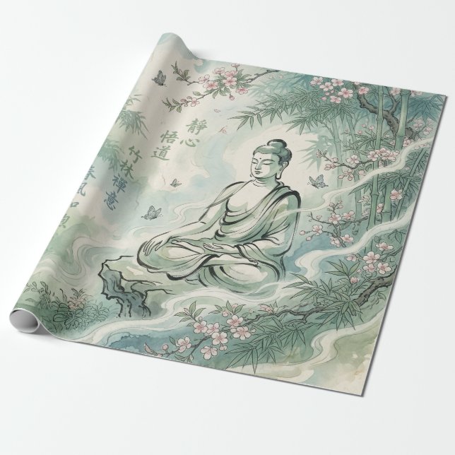 Papel De Presente Arte de Tinta Bambu do Buda Meditando (Desenrolado)